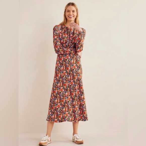 Boden Crew Neck Midi Floral Tea Dress Multicolor Long Sleeve Size 6 - Picture 2 of 8